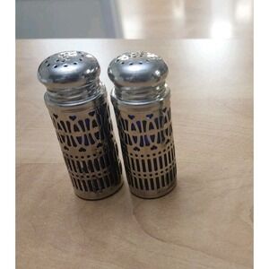 Cobalt Salt &Pepper Shakers United Kingdom Pat#1014132 Silver Plate Vtg 3"‎